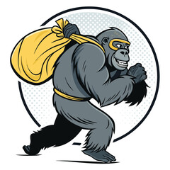 A mischievous gorilla in comic style, stealthily carrying a burlap sack filled with stolen bananas.  Focus on expressive eyes and comical pose.