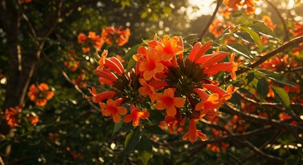 Radiant pyrostegia venusta bloom glows in the warm afternoon sunlight