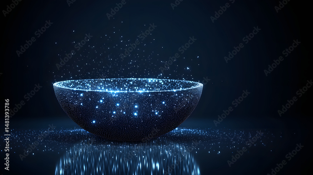 Poster Enigmatic blue dots converge in a bowl, dispersing upwards in a captivating display. The reflective surface enhances the ethereal ambiance, ideal for abstract concepts. Abstract wireframe in dark blue