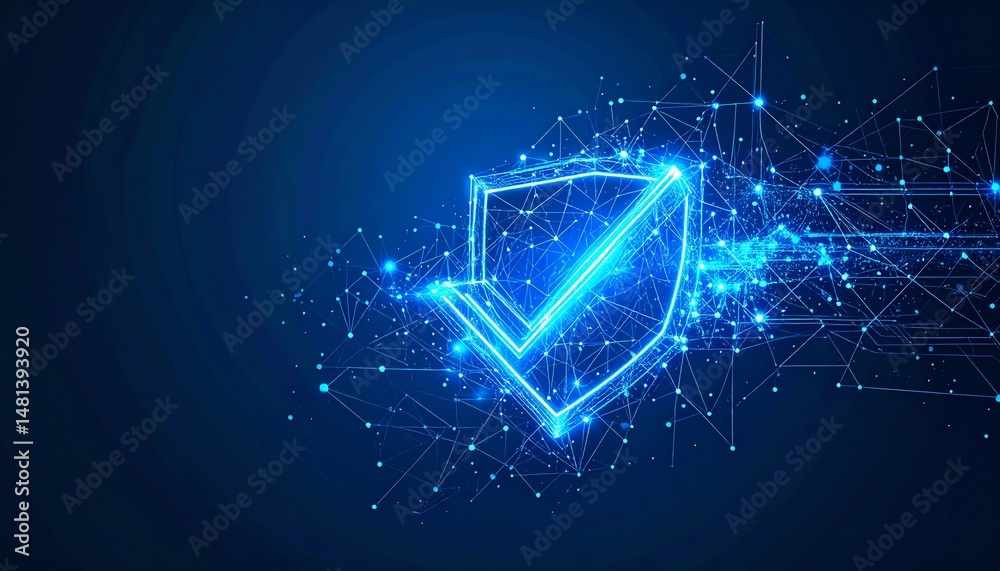 Poster a glowing digital shield symbolizing security in a networked environment, connected by lines and poi