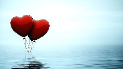 Fototapeta premium Two red heart balloons floating on water (1)