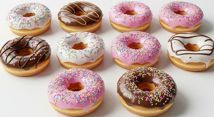 Assorted Doughnuts with Colorful Sprinkles and Icing on White