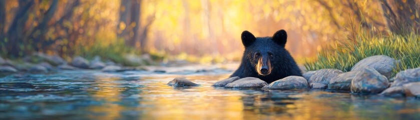 A serene black bear relaxing in a tranquil stream amidst nature.