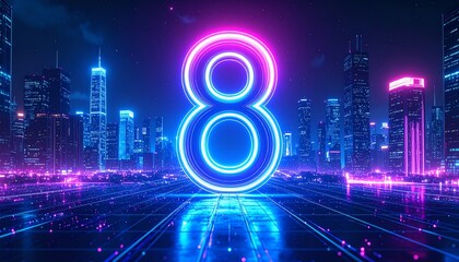 A vibrant neon number 8 stands in a futuristic cityscape, illuminated by glowing lights and skyscrapers at night
