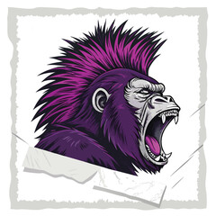 A punk gorilla with a vibrant mohawk screams ferociously amidst a grunge, torn backdrop.  Detailed, gritty texture.