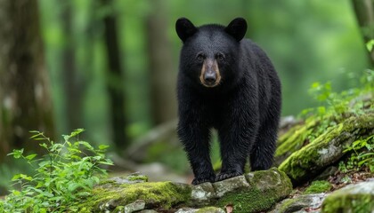 Obraz premium A majestic black bear standing on a rocky path in a forest.