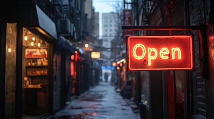 Neon Open Sign in a City Alleyway