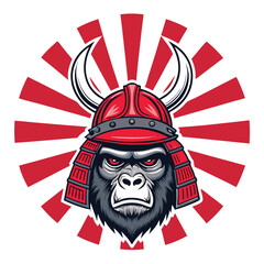 A majestic gorilla wearing a samurai helmet, framed by a rising sun,  detailed and vibrant, in a Japanese-inspired aesthetic.
