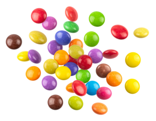 Colorful round candies scattered in the air.  A vibrant explosion of different colored chocolates