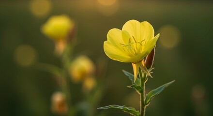 Fototapeta premium Radiant yellow evening primrose blooming gracefully in golden sunlight