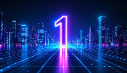 Fototapeta premium A vibrant, futuristic cityscape featuring a large, glowing number 
