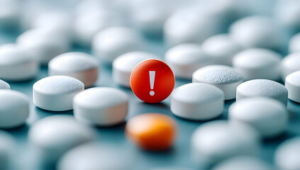 A focus on a red alert pill amidst a sea of white tablets, symbolizing caution in health, medication safety, and awareness of drug usage.