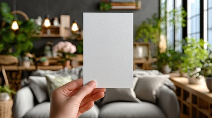 Close-up A5 White Card Mockup Held by Woman's Hand in Boho-Style Living Room.