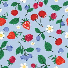 Seamless pattern fruit berry on light blue background