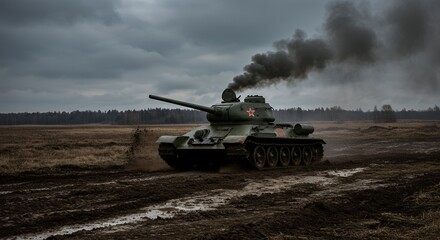 Tank on Field with Smoke