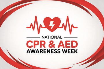 National cpr and aed awareness week graphic with heart and lightning bolt in red and white colors