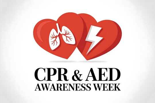 Illustration for cpr and aed awareness week with hearts lungs and lightning bolt on white background
