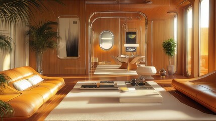 This shows the interior design of a luxury hotel room with elegant furniture, a window letting in light, and a comfortable living space