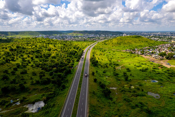 Aerial view of traffic on highway, India.