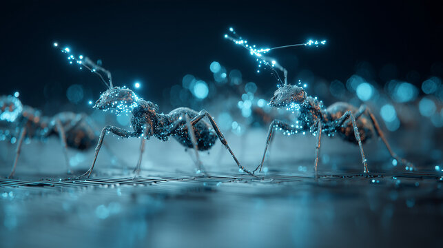 Glowing mechanical ants walking in unison, visualizing swarm intelligence and distributed AI coordination