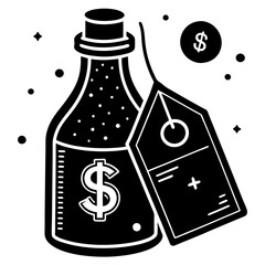 Bottle with Price Tag Silhouette , Black and White Vector of Product Pricing Concept