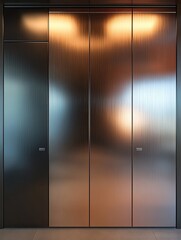 Contemporary metallic doors.  Modern, sleek, and sophisticated design featuring brushed metal panels.  Stylish, high-end, and minimalist aesthetic