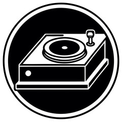 Vintage Turntable Silhouette Icon , Retro Record Player Vector in Black Circle Design