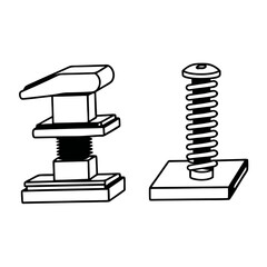 Two Vintage Laboratory Clamp and Screw Tools Icon, Black and White Line Drawing