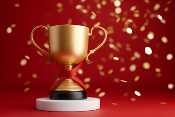 A shiny gold trophy on a white pedestal with a red ribbon. Symbolizing achievement, success, and celebration. Perfect for awards and recognition themes.