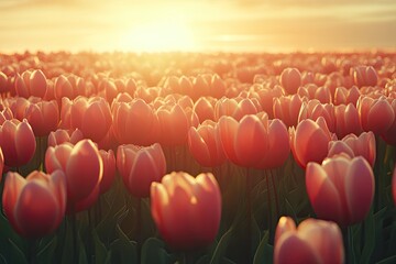 Sunset over a field of vibrant pink tulips.  Golden light bathes the blossoms