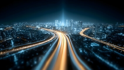 Obraz premium A stunning aerial view of a bustling city at night, showcasing vibrant lights and dynamic roadways, inviting exploration and adventure in urban landscapes.