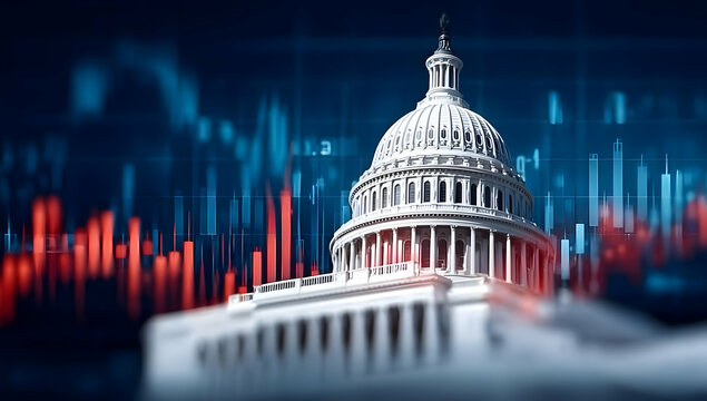 A striking view of a governmental dome with financial data overlay, symbolizing the connection between politics and the economy in modern society.