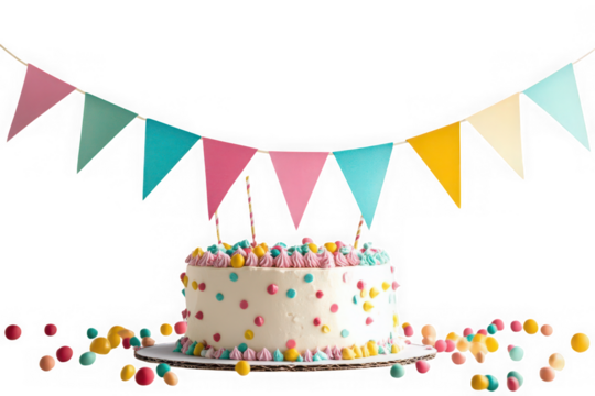 Delicious birthday cake with colorful sprinkles, candles, and bunting banner decoration for celebration, isolated on transparent background