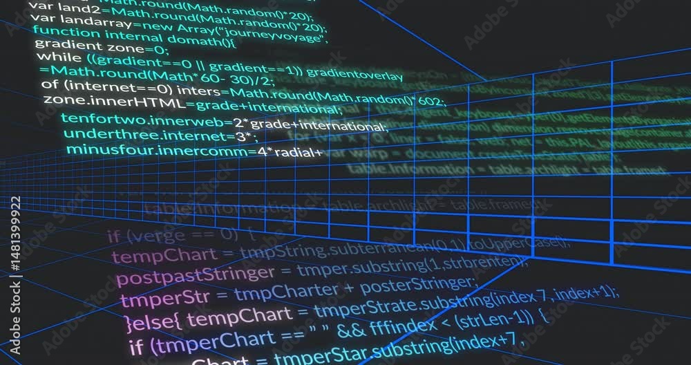 Poster 3d neon blue wireframe grid converging toward horizon, overlaying multicolor js code snippets