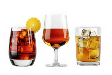Three glasses filled with alcoholic beverages and ice cubes, one garnished with a lemon slice, presented side by side isolated on transparent background