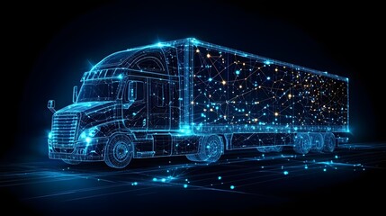 Futuristic neon blue semi-truck blueprint against black. Data network inside trailer evokes advanced transport tech. Ideal for logistics and technology themes. Abstract wireframe in dark blue