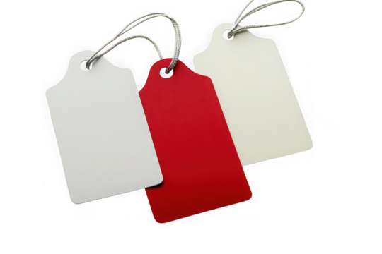 Close-up shot featuring three tags, two white and one red, each attached with a string, displayed on a transparent background isolated on transparent background