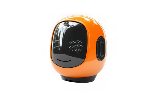 Close-up of a cheerful orange robot head with a smiling black screen and round ear isolated on transparent background