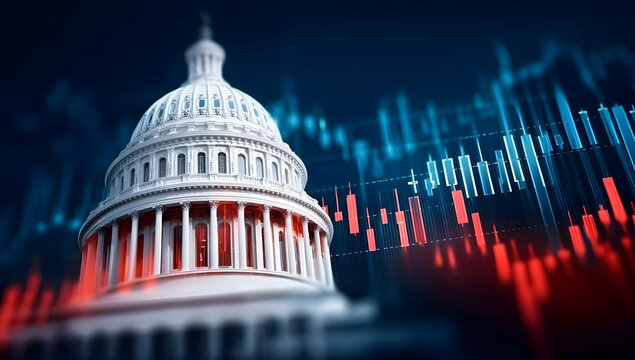 A stunning view of the U.S. Capitol building paired with dynamic financial data visuals, representing the intersection of politics and finance in America.