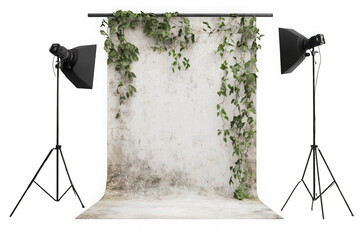 Studio setup featuring a textured backdrop, green vines, and two studio lights on stands, creating a professional photography environment isolated on transparent background