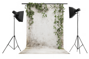 Studio setup featuring a textured backdrop, green vines, and two studio lights on stands, creating a professional photography environment isolated on transparent background