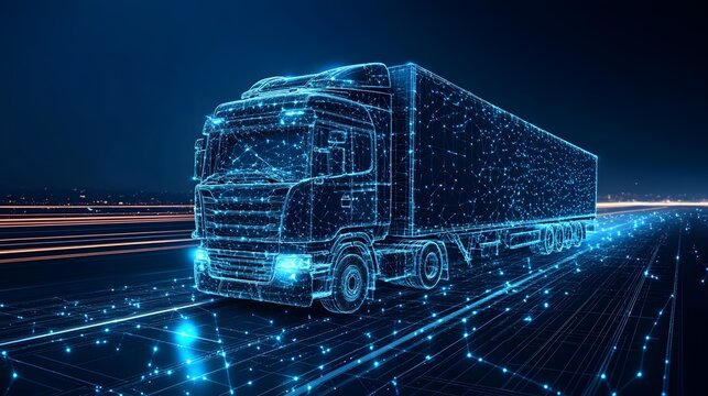 Futuristic semi-trailer truck design with a glowing digital aesthetic, ideal for illustrating logistics technology and transportation innovation. Abstract wireframe in dark blue.