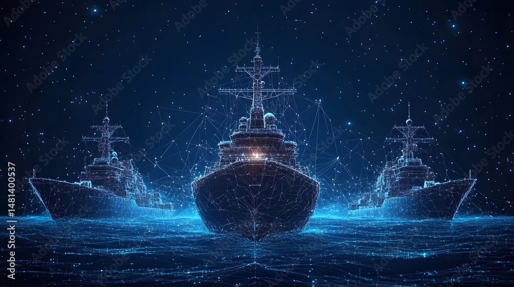 Leinwandbilder striking digital visualization of three navy ships rendered as blue wireframes against a deep blue s
