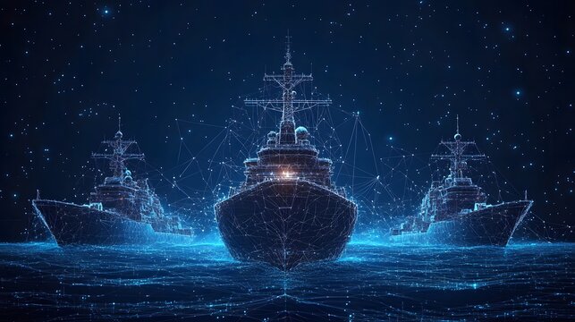 Striking digital visualization of three navy ships rendered as blue wireframes against a deep blue starlit background. Evokes advanced technology and naval power. Abstract wireframe in dark blue.