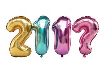 Colorful foil balloons shaped as numbers two, one, and question mark for party decoration isolated on transparent background