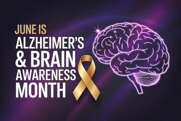 Alzheimer's and brain awareness month with ribbon and brain on a purple gradient background design