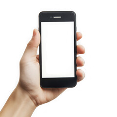 Hand holding phone with blank screen isolated on transparent background