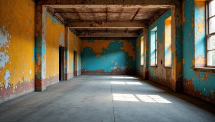 Old concrete structure with peeling paint and rusty metal beams, corrosion, oxidation