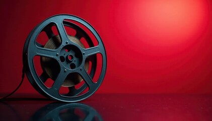 Naklejka premium Old film reel spinning slowly against rich crimson backdrop , crimson, spin