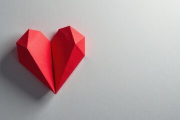 Paper geometric origami red heart on grey background, folding technique, decorative item